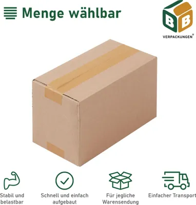 A cardboard box is shown on a white background, with icons and text describing its features and benefits.