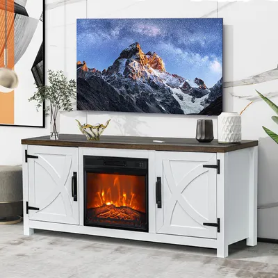 Produktbild von Parrot Uncle TV-Lowboard mit Elektrokamin, Weiß/Rustikal, 147x40x62 cm, MDF, Fernbedienung, Timer, Wohnzimmer & Schlafzimmer