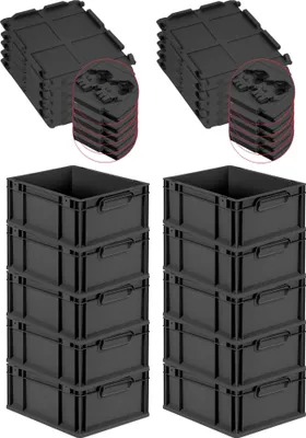 Produktbild von SuperSparSet 10x Eurobox NextGen Grip mit Scharnierdeckel und schwarzen Schiebeschnappverschlüssen | HxBxT 17x30x40cm | 16 Liter | Schwarz | Griffe geschlossen | Eurobehälter, Transportbox, Transportbehälter, Stapelbehälter