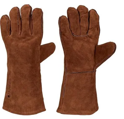 Image de Gants de barbecue Unyqoos® Espegard, résistants à la chaleur, en velours, couleur marron – s CE (EN407) pour une utilisation avec des poêles et des foyers