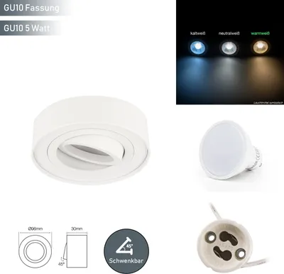Produktbild von LED line Deckenleuchte ROLLO MIDI Einbaustrahler Unterputz Leuchte Strahler Schwenkbar 45° Rund Weiß aus Aluminium mit Fassung GU10 5W Leuchtmittel Warmweiß