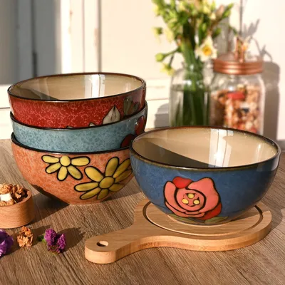 Produktbild von 6 Keramik-Müslischalen mit Blumenmuster, 15,2 cm, 794 ml, für Müsli, Salat, Suppe, Dessert und Snacks, mikrowellen- und spülmaschinengeeignet