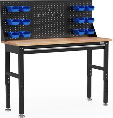 Zdjęcie produktu dla Stół warsztatowy o regulowanej wysokości z drewnianym blatem, 1 szufladą i panelem narzędziowym 152 cm