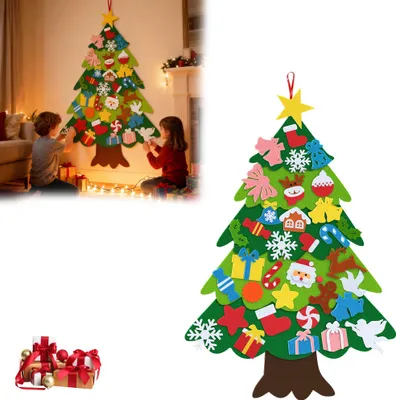 Produktbild von UISEBRT Filz Weihnachtsbaum Kinder DIY Set C, 36 Teile, 100 cm, Basteln & Dekorieren für Wand & Tür, Hängend, Weihnachtsdeko, Klassischer Typ, Geschenkideen