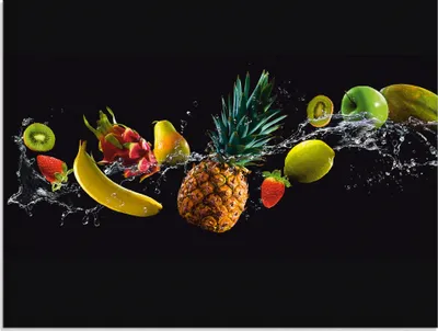 Produktbild von ARTland Glasbild Früchte auf Schwarz mit Wasser Spritzer Größe: 80x60 cm