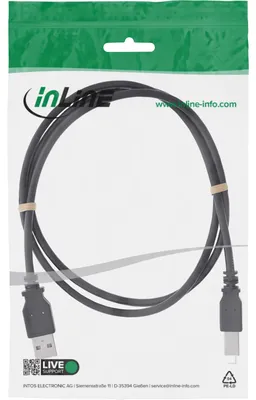 Produktbild von InLine USB 2.0 Kabel, A an B, schwarz, 2m, 2 m, USB A, USB B, USB 2.0, Stecker/Stecker, Schwarz