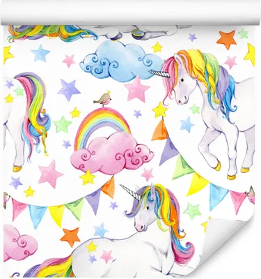 Produktbild von 10m VLIES TAPETE Rolle Kinderzimmer Einhürner Regenbogen Vügel Wolken XXL