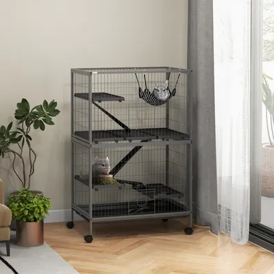 Produktbild von Sweiko Kleintierkäfig mit Hängematte, Nagetierkäfig mit Rollen, 4-stöckiger Käfig, Metall, Kunststoff, 80 x 52 x 128 cm, Grau
