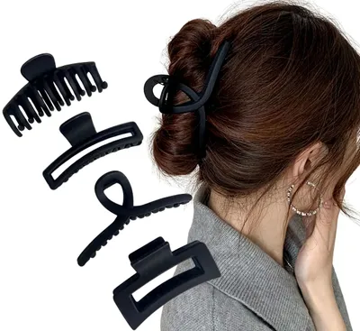 Produktbild von Set mit 4 soliden schwarzen Haarspangen mit großer Schnalle
