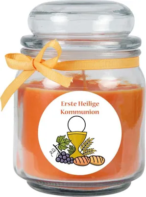 Produktbild von Duftkerze im Bonbonglas zur Kommunion, Duft: Honigmelone ( Orange ), 300g - Brenndauer bis zu 70 Stunden