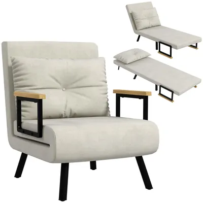 Image de Fauteuil convertible 4 en 1 lit 1 place dossier 5 positions, accoudoirs en bois et coussin, tissu effet velours, crššme