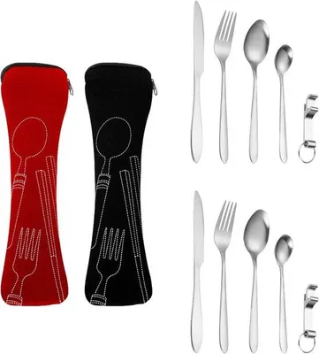 Image de Set de couverts de camping en acier inoxydable pour 2 personnes, facile à transporter