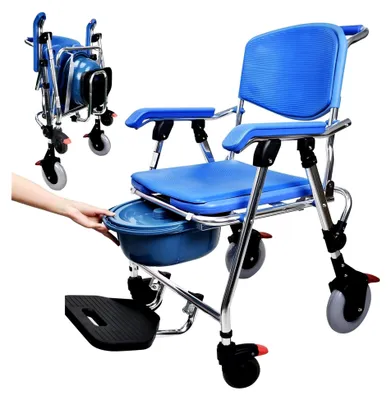 Produktbild von Klappbarer Duschstuhl mit Rollen, 3-in-1 Toilettenstuhl für Senioren, sicherer und bequemer fahrbarer Dusch-Toilettenstuhl für ältere Menschen, Behinderte und Schwangere
