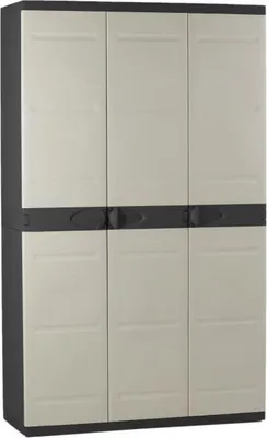 Image de Armoire Haute PLASTIKEN Titanium, 3 Portes, 105 x 44 x 176 cm, Noir et Beige, 4 Étagères, Penderie