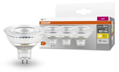 Obrázok produktu pre Reflektorové žiarovky OSRAM LED MR16 s päticou pre dodatočnú montáž, náhrada 50 W, GU5.3, reflektor MR16, 2700 Kelvinov, teplá biela, číre sklo, 3 balenia