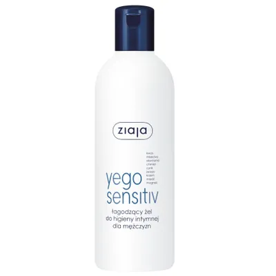 A white bottle of ZIAJA YEGO SENSITIV Intimhygienegel with a blue cap, shown against a white background.