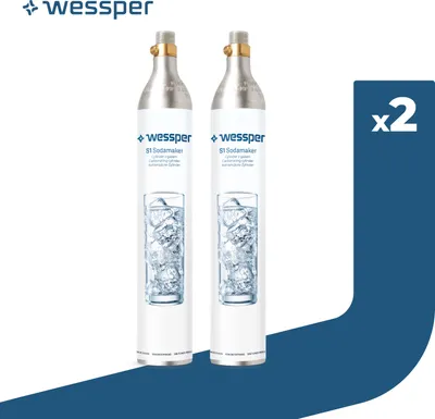 Imagen del producto de 2 cartuchos/cilindros Wessper AquaFrizz para saturador de agua, compatibles con la máquina de agua con gas Wessper S1. Cartucho de CO2 para botella de 60 litros con rosca, utilizado como cilindro de reserva para saturadores
