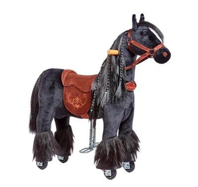 A black plush toy horse with a brown saddle and bridle, standing on a white background.