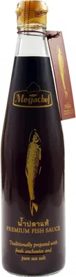 A bottle of Megachef Premium Fish Sauce against a white background.