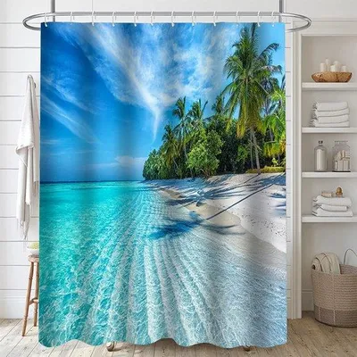 Produktbild von Unyqoos® Wasserabweisender Polyester-Duschvorhang mit Strandmotiv und Blättern 180x180 cm
