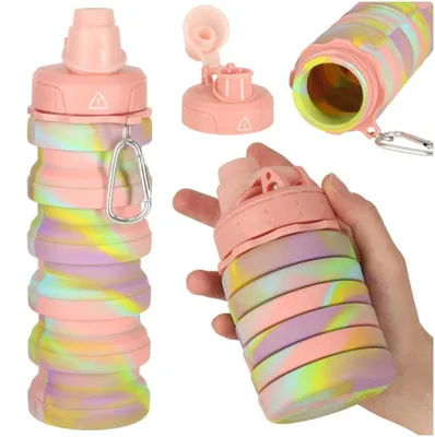 Image de Bouteille d'eau bidon silicone pliable avec poignée sport 500ml arc-en-ciel