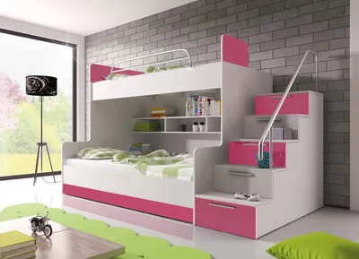 Produktbild von Etagenbett TOMI 2 , Doppelstockbett Hochglanz Kinderbett Hochbett , MIT  Matratze und Lattenrost (Weiss / Rosa, Treppenseite: RECHTS )