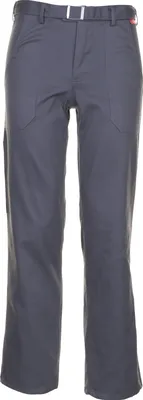 A pair of gray work pants is shown against a white background.