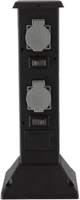 A black electrical outlet column with two outlets and two switches, standing on a white background.