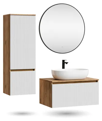 Produktbild von ARISA Badmöbel Set inkl. Hochschrank in Weiß Geriffelt – Mit Veluna LED Spiegel und weißem Keramik-Aufsatzwaschbecken 60 cm