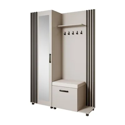 Produktbild von Garderoben-Set LIVIA Rechts Kaschmir – Garderobenschrank mit Spiegel, Schuhschrank mit hellbeigem Sitzkissen, Lamellen in Schwarz, Hochschrank