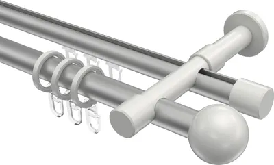 Produktbild von Interdeco Rundrohr-Innenlaufstange / Gardinenstange (Kombination) Silbergrau / Weiß, Typ Prestige Luino (Kugel), 20 mm Ø 2-läufig, 480 cm