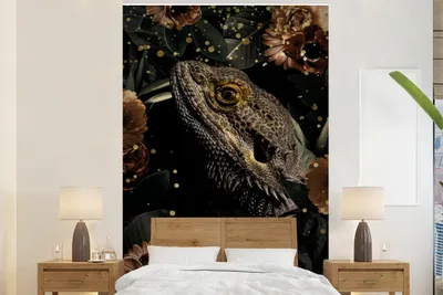 Produktbild von MuchoWow® Fototapete für Wohnzimmer oder Schlafzimmer Wandtapete Vinyl Motivtapete Reptilien - Pflanzen - Blumen - 170x260 cm - Wohnzimmertapete