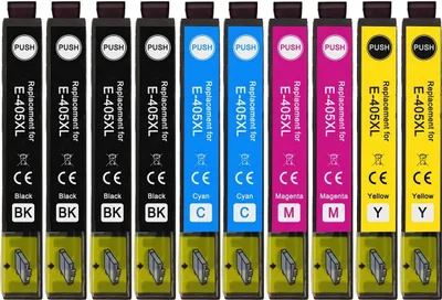 A row of ten ink cartridges, each labeled with its color and model number.