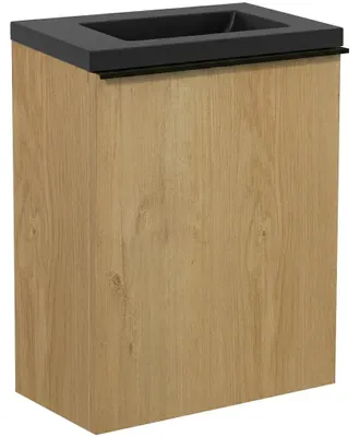 Image de CERANO - Meuble-lavabo pour WC Zola - chêne miel  + lavabo en marbre synthétique -  noir mat - 40 x 55 x 23,5 cm