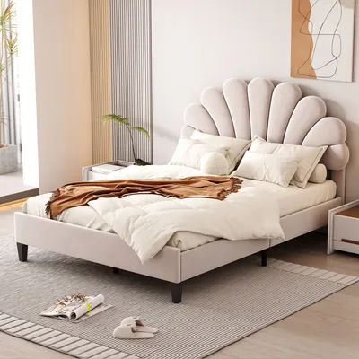 Produktbild von Flieks Polsterbett mit Blumenform-Kopfteil und Lattenrost Doppelbett Kinderbett Samt 140x200cm
