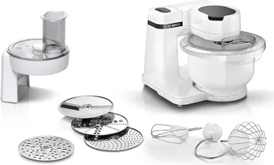 Produktbild von Bosch Küchenmaschine Serie 2 MUMS2AW01, 3,8l Kunststoff-Schüssel, Durchlaufschnitzler, 4 Scheiben, Stufen, Knethaken/Rührbesen/Schlagbesen,