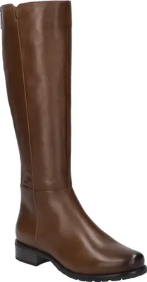 A single brown leather knee-high boot is shown against a white background.