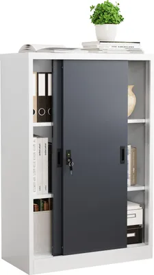 Image de Armoire de bureau en métal H. 120 x W. 80 x T. 40 cm / Meuble de bureau pour dossier / Armoire en acier verrouillable / Armoire coulissante Malivo 3 compartiment avec portes coulissantes