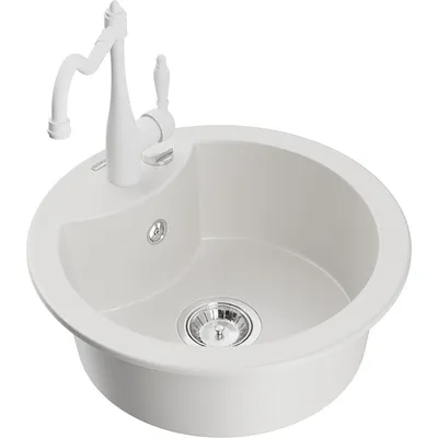 Obrázek produktu pro Mexen Diego 1-miskový granitový dřez s kuchyňskou baterií Carla, Bílá - 6512-20-670700-20