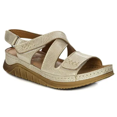 Produktbild von Damen Sommerschuhe aus echtem Naturleder in Gold mit 3 Klettverschlüssen