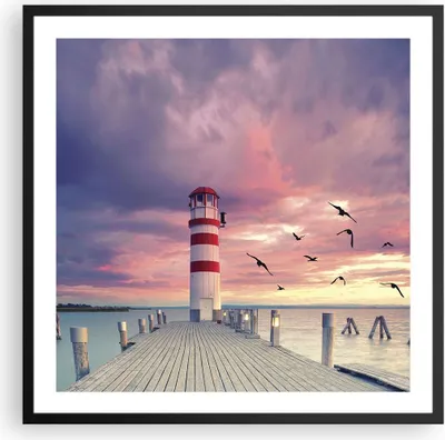 Produktbild von Gerahmtes Poster - Schwarzer Rahmen - Laterne Meer Küste - 60x60 cm - Wand Bild - Wanddeko - Wandbilder - Kunstposter - Wandposter - Bilderrahmen - Bilder - Kunstdruck - P2BAC60x60-4978