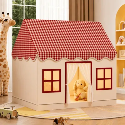 Produktbild von Kinder Spielhaus Rot Beige 130 x 125 x 95 cm mit Vorhängen, Fenstern und kariertem Dach