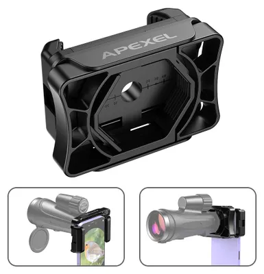 Produktbild von APEXEL Universal-Teleskop-Telefonadapter fuer Monokulare, Fernglaeser, Mikroskope mit 23 mm bis 50 mm Okulardurchmesser, verstellbarer Smartphone-Halterclip fuer Teleskop