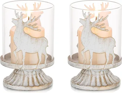 Produktbild von Weihnachten Kerzenhalter Kerzenständer Vintage Deko,2er Set Hirsch Rentier Windlichter Kerzenleuchter für Tischdeko Landhausstil Kamin Nachbildungation Weiß