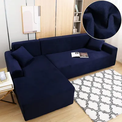 Obrázek produktu pro Pohovka ve tvaru písmene L slipcovers, Stretch tlustý plyšový rohový kryt pohovky s 2 kryty polštářů pro 3 sedadla + 3 sedadla typu L pohovka, námořnická modrá
