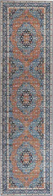 Produktbild von BELIANI Teppich Läufer Blau u. Orange Polyester 80 x 300 cm Orientalisches Muster Vintage Boho Kurzflor für Wohnzimmer Schlafzimmer Flur