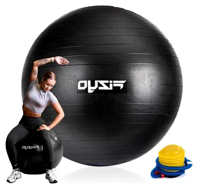 Produktbild von Gymnastikball 65 cm Schwarz mit Luftpumpe – Anti-Rutsch Pezziball für Fitness, Yoga, Pilates, Gymnastik, Balance und Core Training, Sitzball für Büro und Zuhause