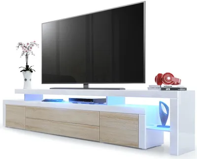 Produktbild von Vladon TV Board Lowboard Leon V3,  Germany, Korpus und Überbau in Weiß Hochglanz / Front in Eiche sägerau mit Rahmen in Weiß Hochglanz inkl. LED Beleuchtung (227 x 52 x 35 cm)