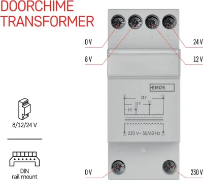 Produktbild von EMOS - Transformator für 2-Draht Türklingel - universaler Trafo 8 V, 12 V, 24 V - weißer Spannungswandler kompatibel mit Türgong P57101, P57102 - drah