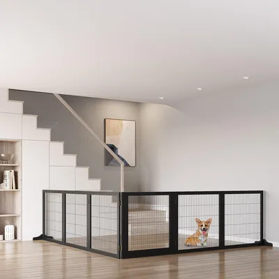 Produktbild von SUGIFT Absperrgitter mit Tür, Hundegitter klappbar aus Kiefernholz, Laufstall Welpe, Schwarz  |  Stahl-Scharniere  |  6 Elemente  |  432 x 70 cm